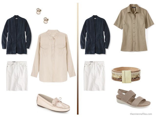 A basic navy cardigan and white skirt with beige