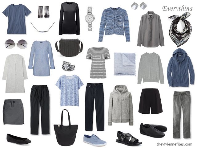 16-piece travel capsule wardrobe in blue, grey and black