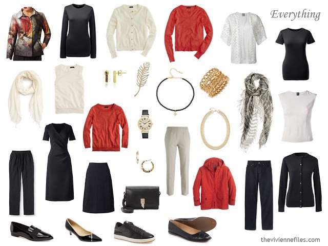 A capsule wardrobe with accessories in Black, Ivory, Russet