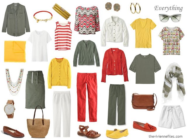 How to Add Accessories to a Capsule Wardrobe: Olive, White, Tomato and Mustard - for summer travel