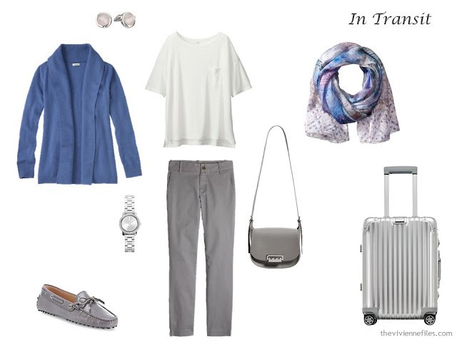 A travel outfit in soft blue, grey and ivory