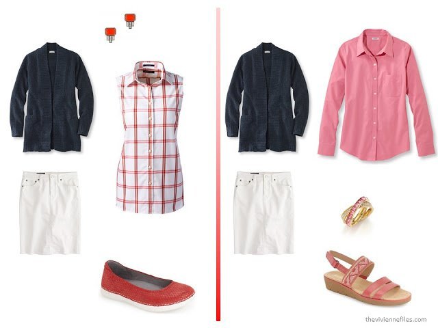 A basic navy cardigan and white skirt with red, pink, or coral