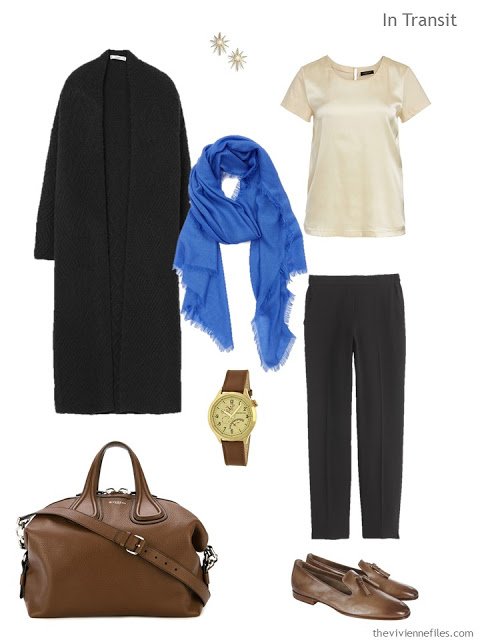 A travel capsule wardrobe in black, white, blue, and tan based on Portraits Theatraux by Natalia S. Gontcharova