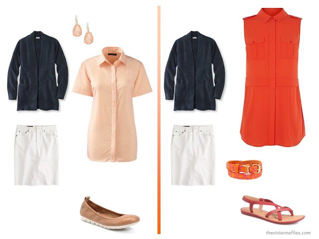 A basic navy cardigan and white skirt with orange