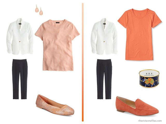 20 ways to wear a white blazer with navy pants in a capsule wardrobe - with orange