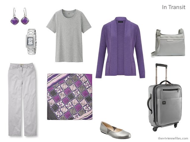 A travel capsule wardrobe in grey and purple based on Composition by Natalia S. Gontcharova