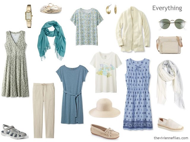 Beige, blue and soft teal summer travel capsule wardrobe.