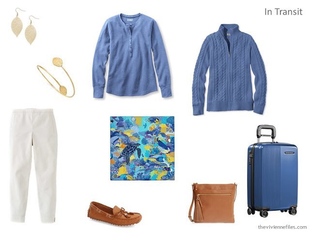 A travel capsule wardrobe in blue, white, and yellow based on a painting by Van Gogh