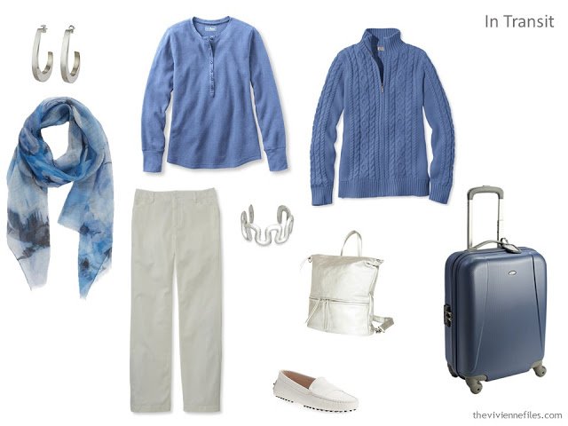 A travel capsule wardrobe in a white, blue, and pink color palette based on art