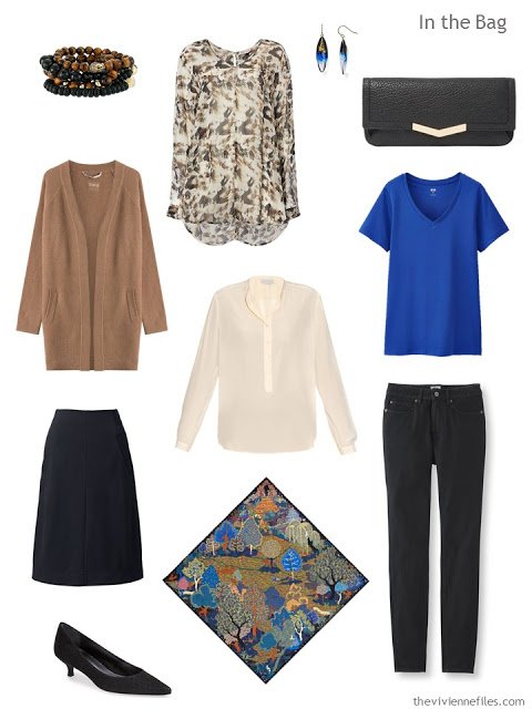 A travel capsule wardrobe in black, white, blue, and tan based on Portraits Theatraux by Natalia S. Gontcharova