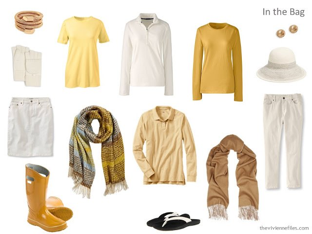 A travel capsule wardrobe in blue, white, and yellow based on a painting by Van Gogh