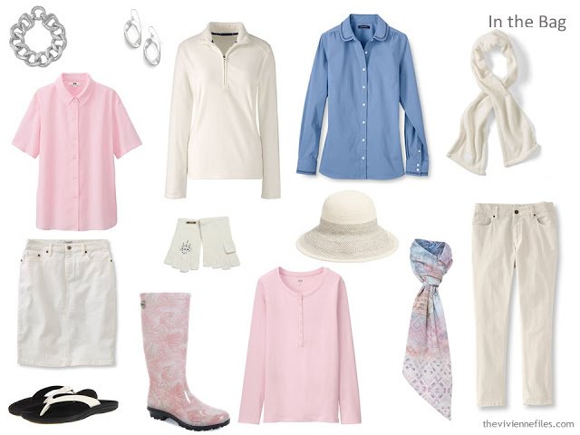 A travel capsule wardrobe in a white, blue, and pink color palette based on art