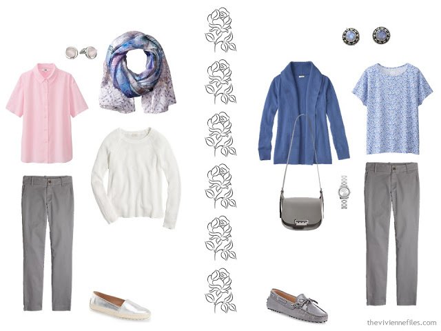 Two outfits taken from a pastel travel capsule wardrobe