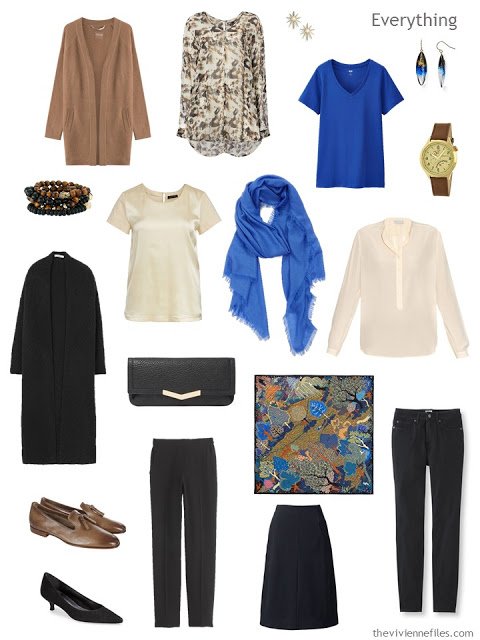 A travel capsule wardrobe in black, white, blue, and tan based on Portraits Theatraux by Natalia S. Gontcharova