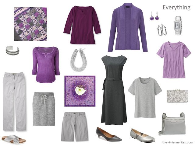 A travel capsule wardrobe in grey and purple based on Composition by Natalia S. Gontcharova