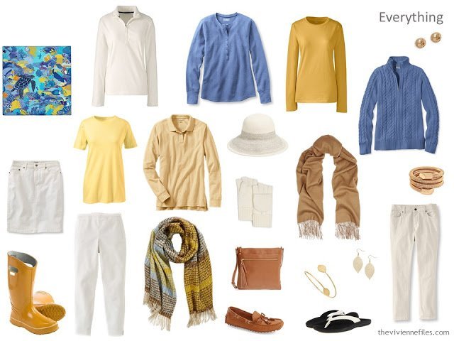 A travel capsule wardrobe in blue, white, and yellow based on a painting by Van Gogh