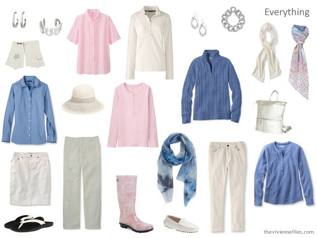 A travel capsule wardrobe in a white, blue, and pink color palette based on art