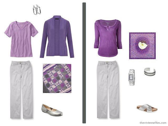 Two outfits in A travel capsule wardrobe in grey and purple based on Composition by Natalia S. Gontcharova