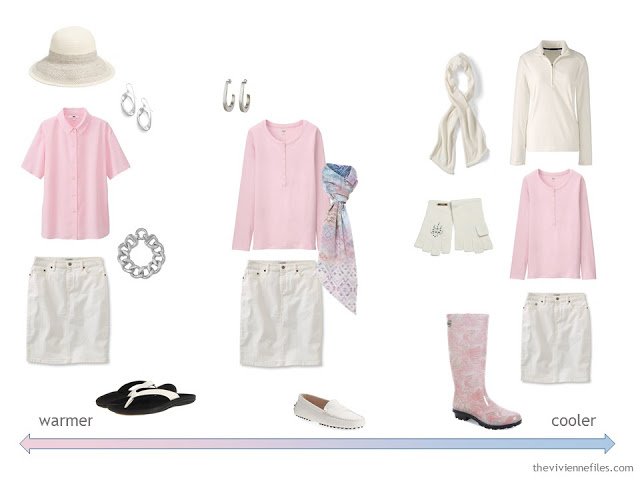 A travel capsule wardrobe in a white, blue, and pink color palette based on art