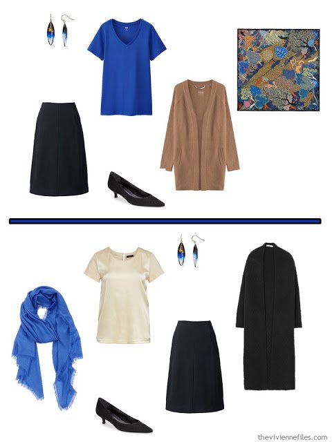 A travel capsule wardrobe in black, white, blue, and tan based on Portraits Theatraux by Natalia S. Gontcharova