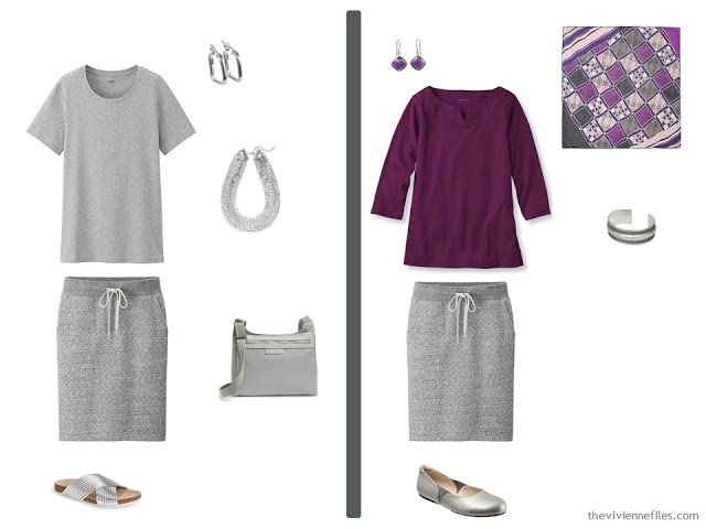 Two outfits in A travel capsule wardrobe in grey and purple based on Composition by Natalia S. Gontcharova