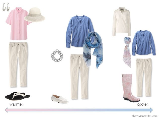 A travel capsule wardrobe in a white, blue, and pink color palette based on art