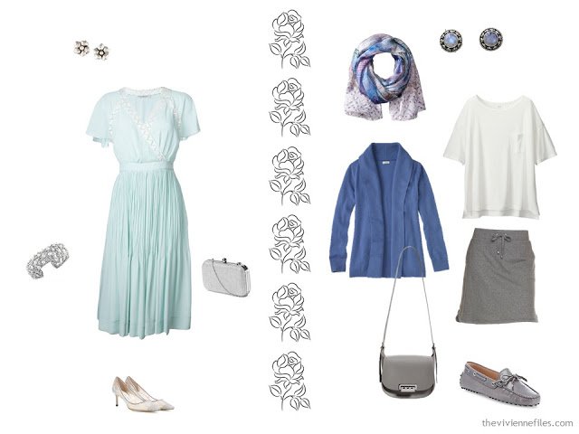 Two outfits taken from a pastel travel capsule wardrobe