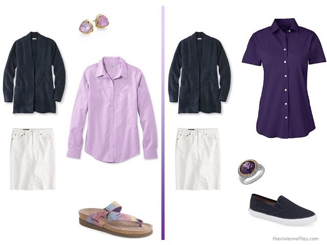 A basic navy cardigan and white skirt with purple