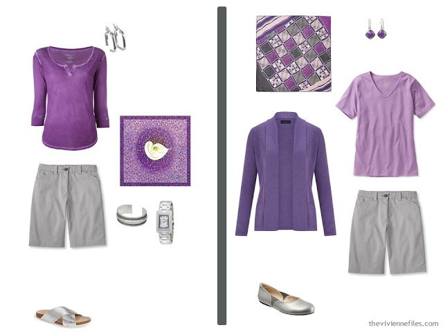 Two outfits in A travel capsule wardrobe in grey and purple based on Composition by Natalia S. Gontcharova