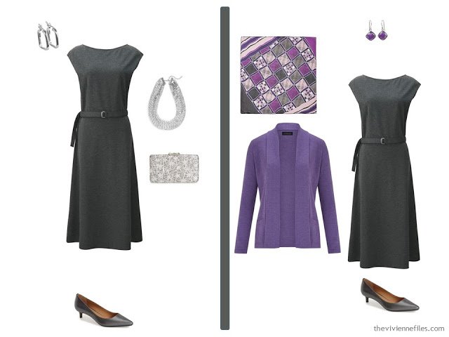 Two outfits in A travel capsule wardrobe in grey and purple based on Composition by Natalia S. Gontcharova