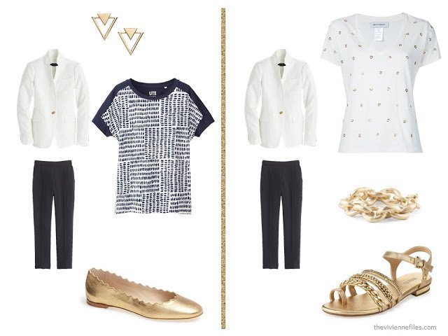 20 ways to wear a white blazer with navy pants in a capsule wardrobe - with gold