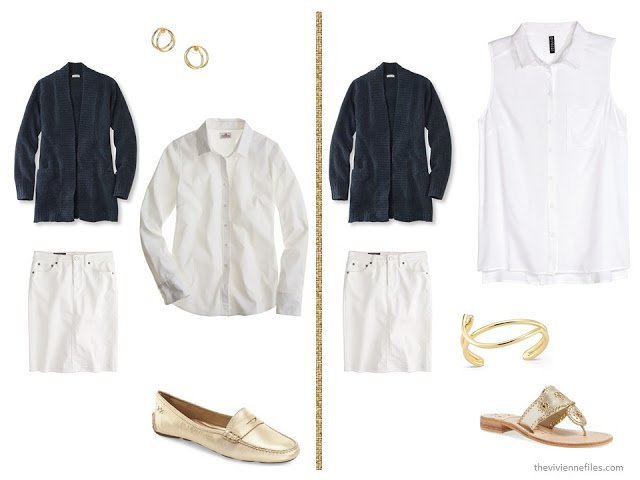 A basic navy cardigan and white skirt with white tops