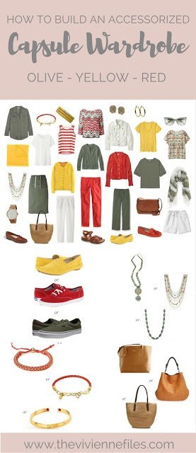 How to Add Accessories to a Capsule Wardrobe: Olive, White, Tomato and Mustard - for summer travel