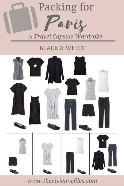 A travel capsule wardrobe for Paris, France in a black and white French minimal color palette