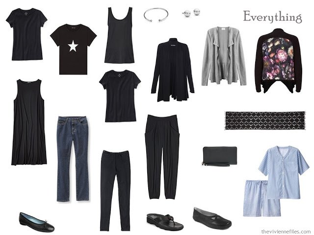 A Travel capsule wardrobe in black for a long weekend trip in one carry-on bag
