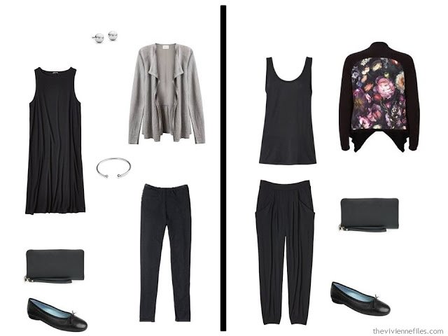 Two outfits from A Travel capsule wardrobe in black for a long weekend trip in one carry-on bag