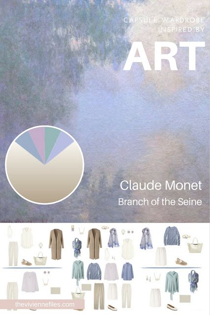 A Travel Capsule Wardrobe in Beige, mauve, blue, and green, inspired by Branch of the Seine by Claude Monet