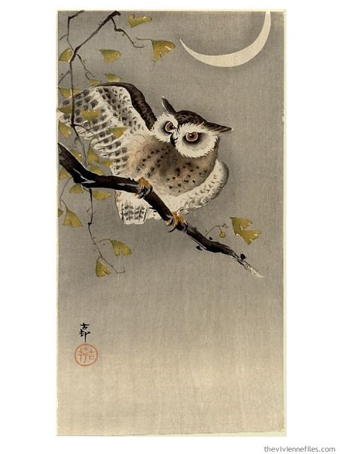 Owl on Ginko Branch by Ohara Koson