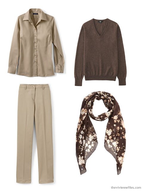beige and brown 3-piece outfit, with brown floral scarf