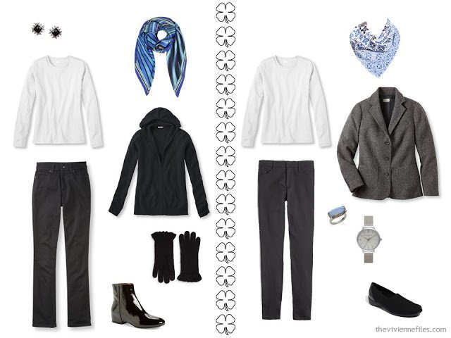 A Winter Travel Capsule Wardrobe in Black, Blue and White