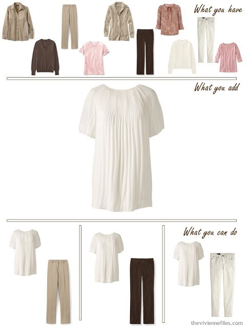 add an ivory pleated blouse to a brown, khaki and pink wardrobe