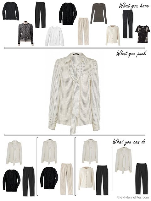 adding a silk blouse to a black, white and beige travel capsule wardrobe