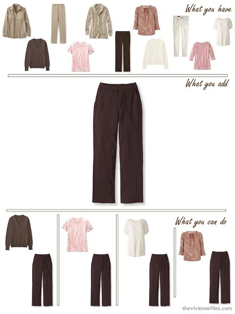 add brown pants to a khaki, brown and pink wardrobe