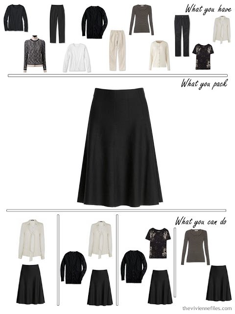 adding a black skirt to a black, white and beige travel capsule wardrobe