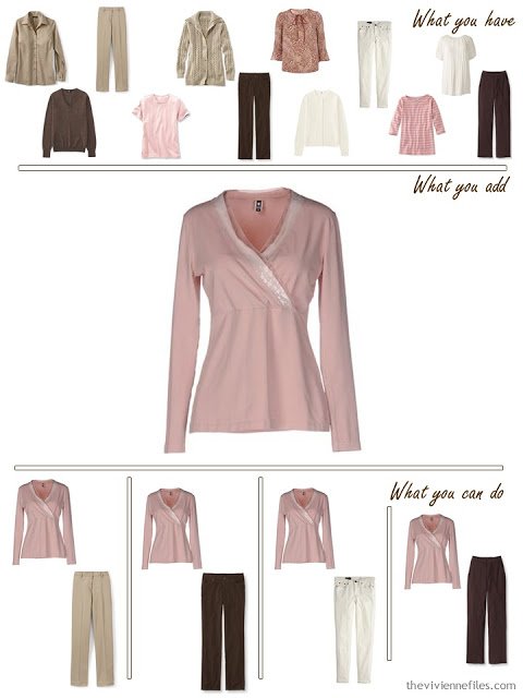 add a pink top to a pink, brown and khaki wardrobe