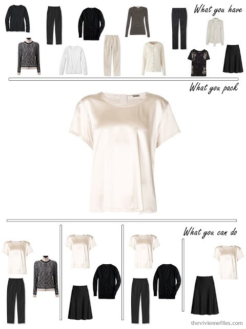 adding a silk top to a black, white and beige travel capsule wardrobe