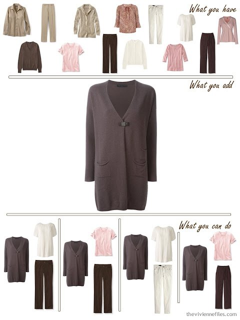 add a brown cardigan to a pink, khaki and brown wardrobe