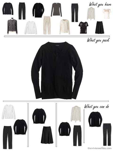 adding a black sweater to a black, white and beige travel capsule wardrobe