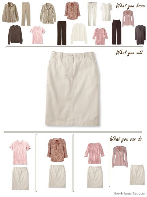 add a stone skirt to a brown, khaki and pink wardrobe