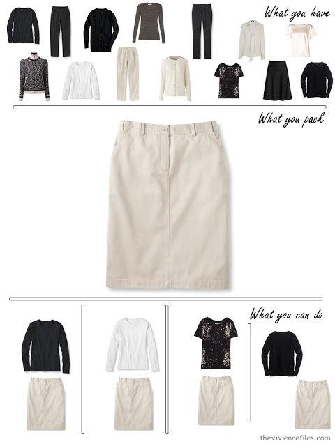 adding a beige skirt to a black, white and beige travel capsule wardrobe